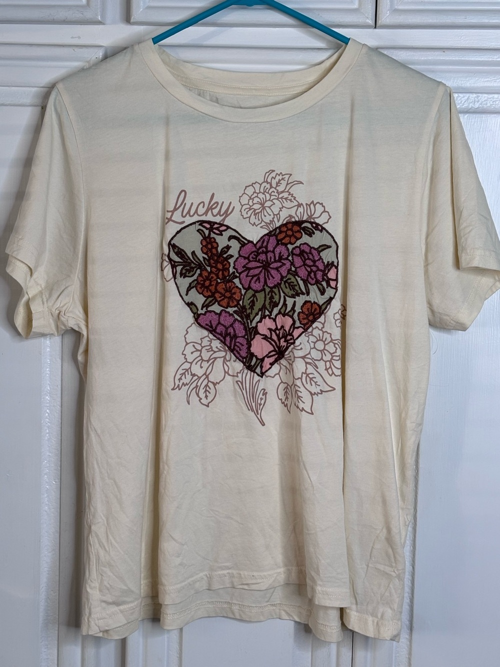 Lucky Brand Cream Graphic Tee with Floral Embroidered Print XL